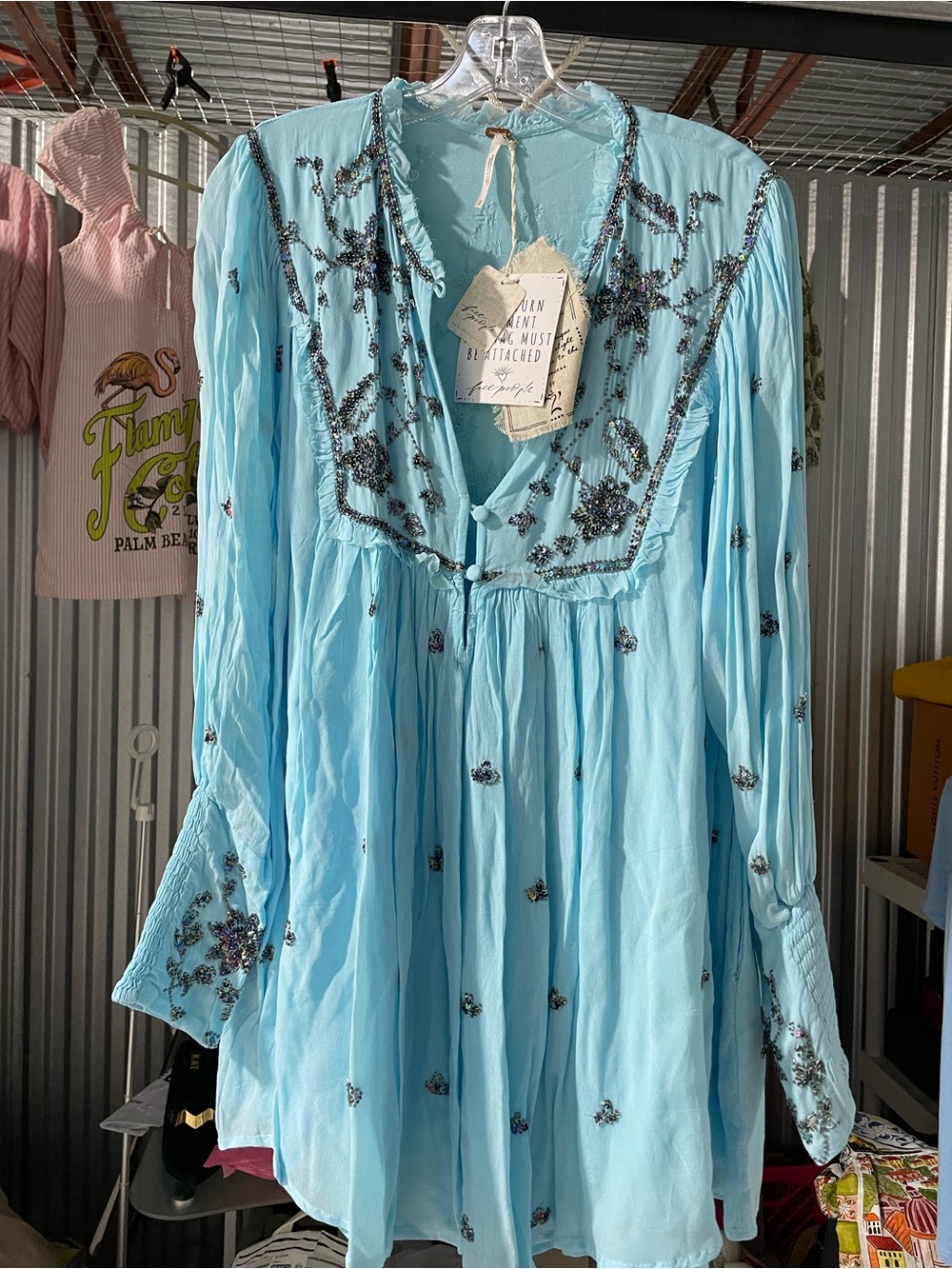 Free People Sky Blue Sequin Embellished Boho Mini Dress - Picture 6 of 6